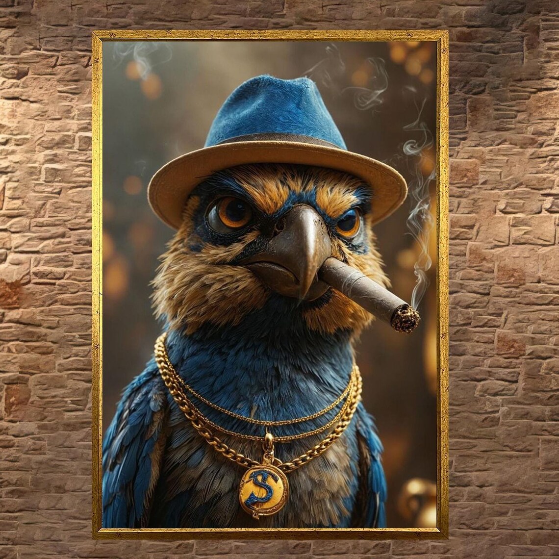 Blue Bird in a Fedora Smoking a Cigar Gangster Style Art Poster