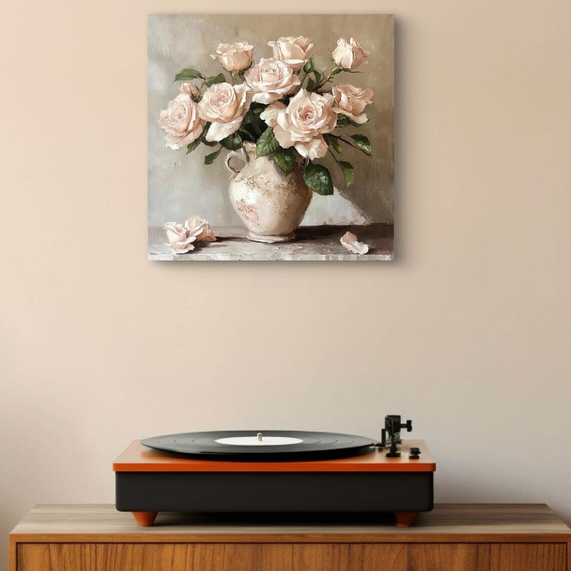 Blush Cream Roses Antique Ceramic Vase Soft Pastel Art Poster