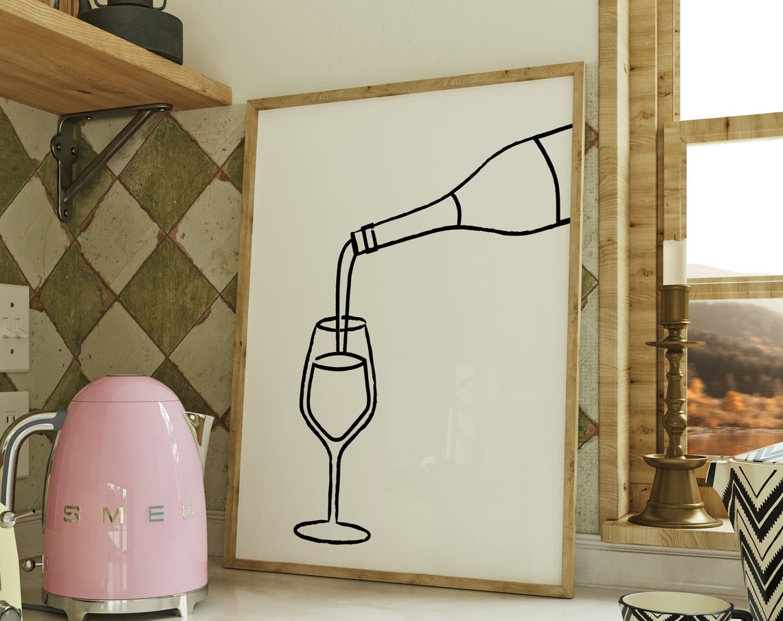Modern Minimalist Wine Bottle Pour Line Art Kitchen Wall Decor Poster
