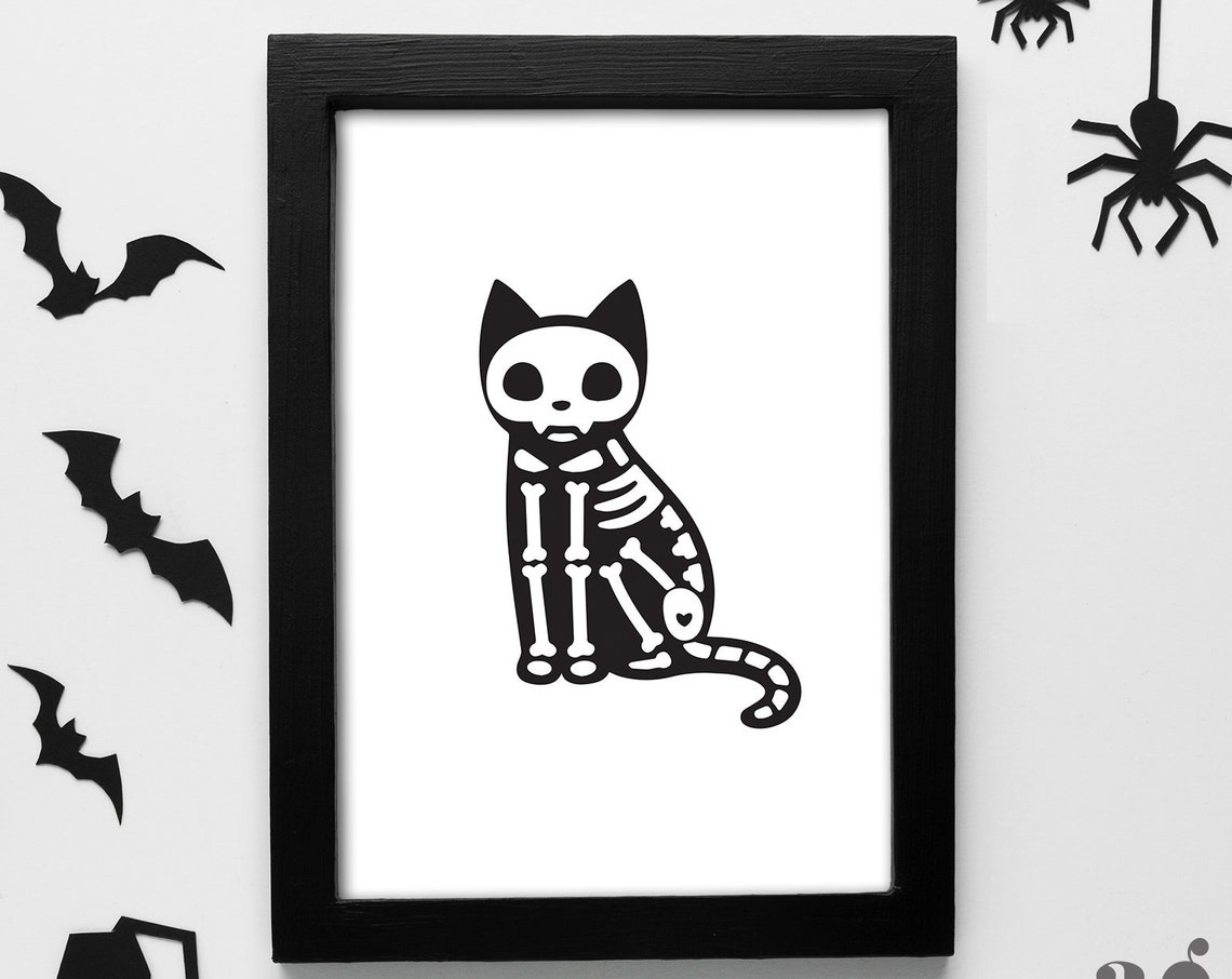 Cute Skeleton Black Cat Primitive Halloween Spooky Decor Poster - Image 3