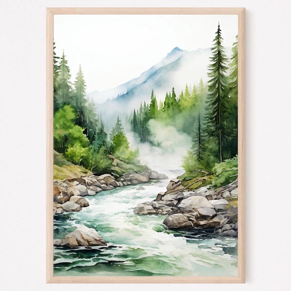 Mountain River Art Watercolor Painting Large Wall Art Mountains Forest Art Print Neutral Artwork Nature Watercolor Landscape