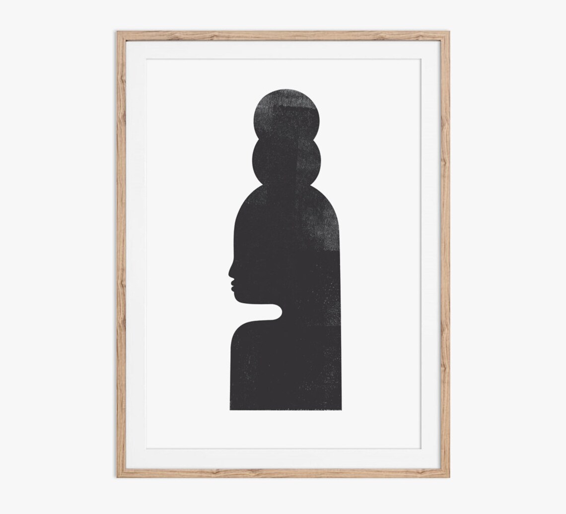 Abstract Woman Profile with Stacked Forms Black Woodblock Art Print