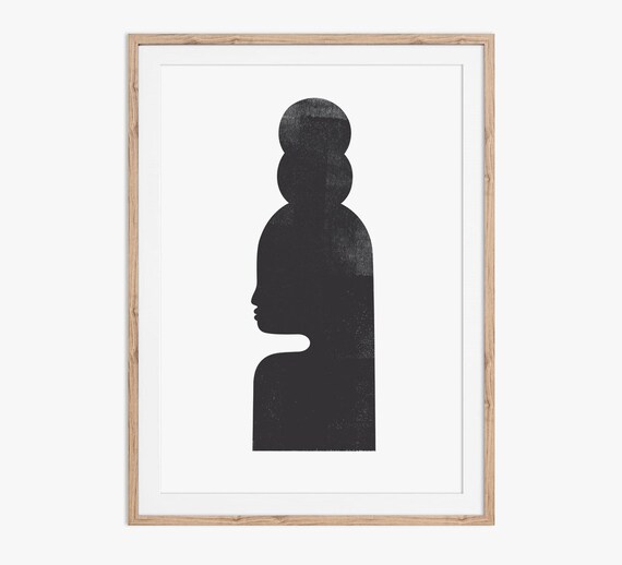 Abstract Woman Profile with Stacked Forms Black Woodblock Art Print