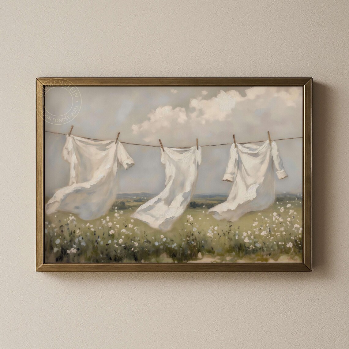 White Linens Clothesline Wildflower Field Countryside Poster