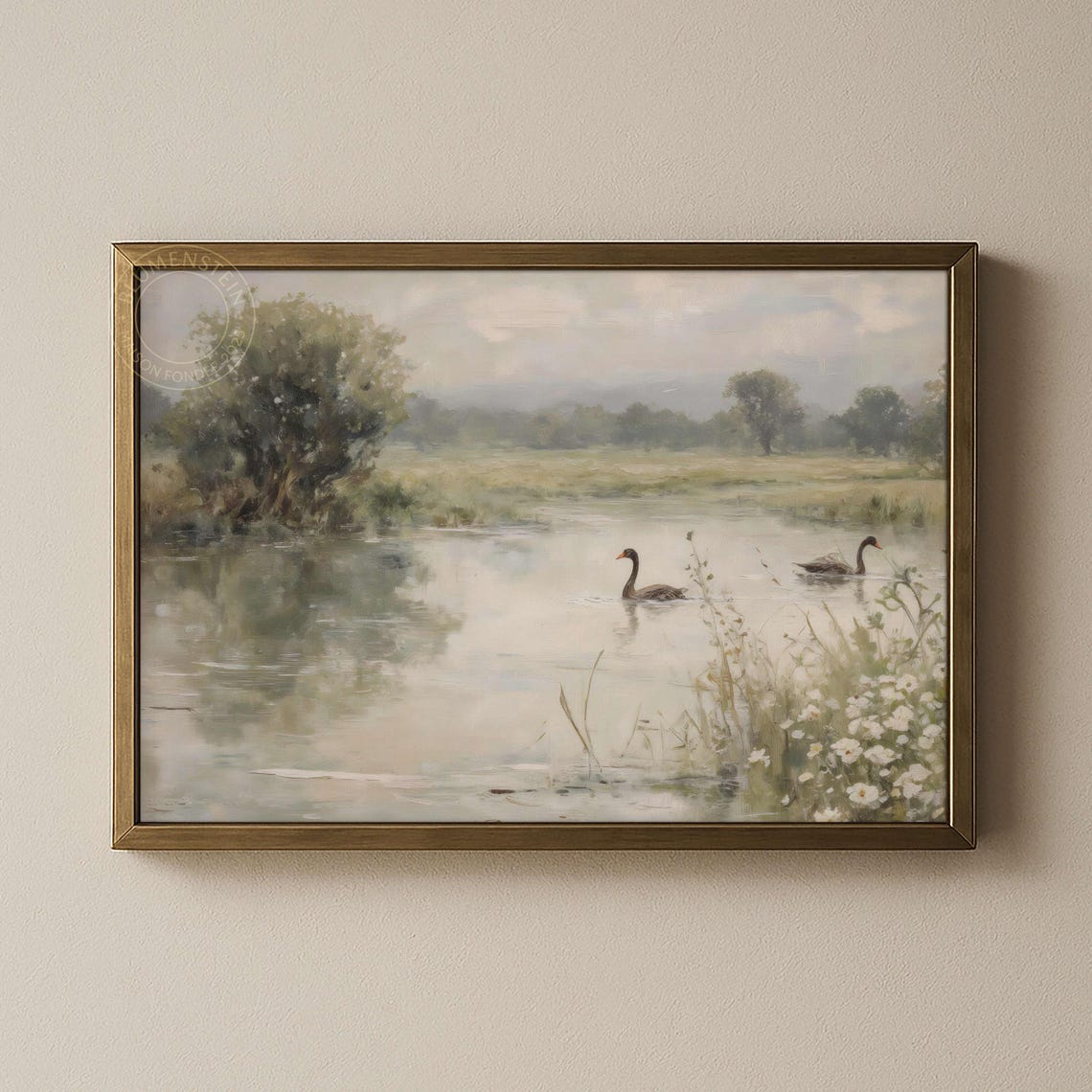 Two Black Swans Misty Lake Countryside Impressionist Art Poster