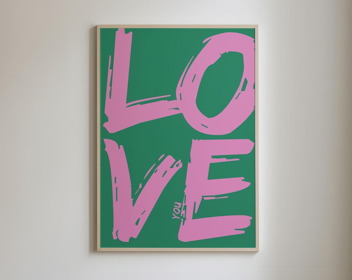 Oversized Love You Pink On Green Retro Brushstroke Typography Poster