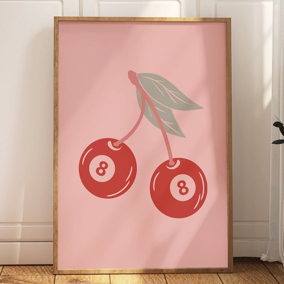 Retro 8 Ball Cherry Print Blush Pink Apartment Decor Red Cherries Kitchen Wall Art Preppy Bar Cart Poster Funky Wall Decor