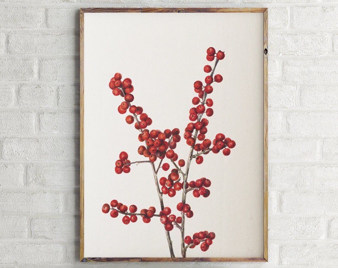 Red Winter Berry Branch Botanical Watercolor Christmas Print - Image 3