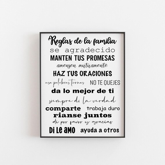 Reglas De La Familia Spanish Family Rules Typography Black White Print