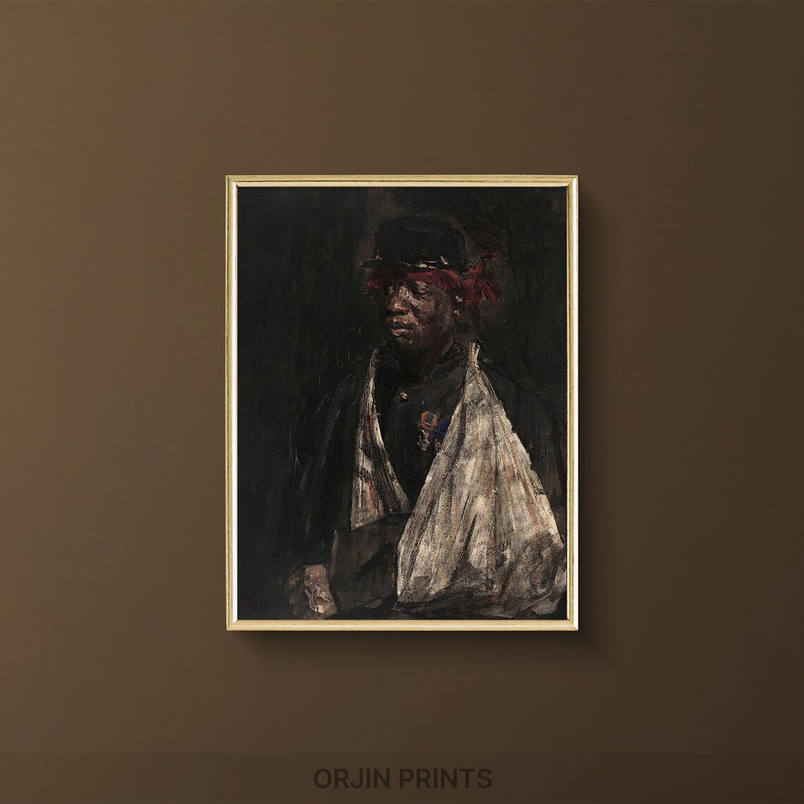 Black Soldier Portrait Red Headscarf Dark Oil Painting Poster