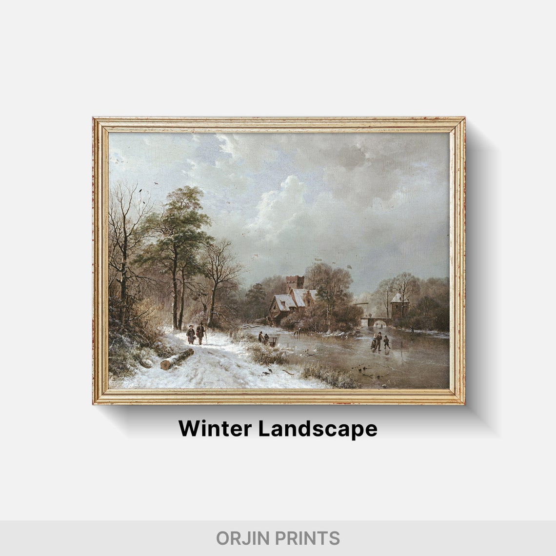 Snowy Winter Path and Frozen River Skaters Vintage Art Poster - Image 2