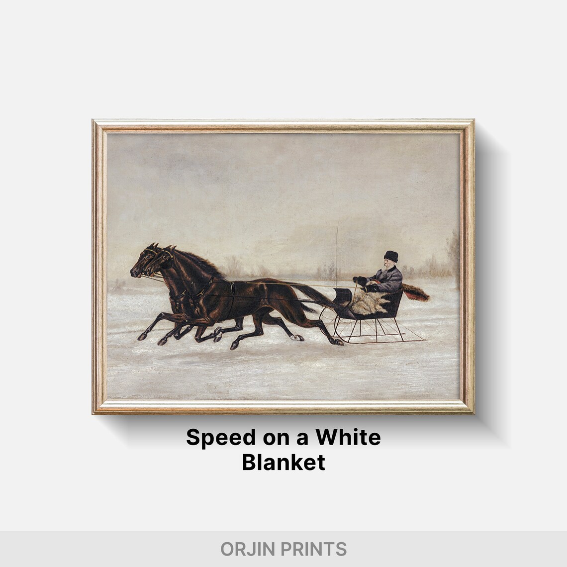 Horse Drawn Sleigh Racing Snow Vintage Winter Painting Style Print - Image 2