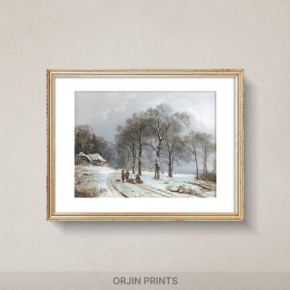 Winter Forest Snow Workers Sled Woodland Vintage Scene Poster