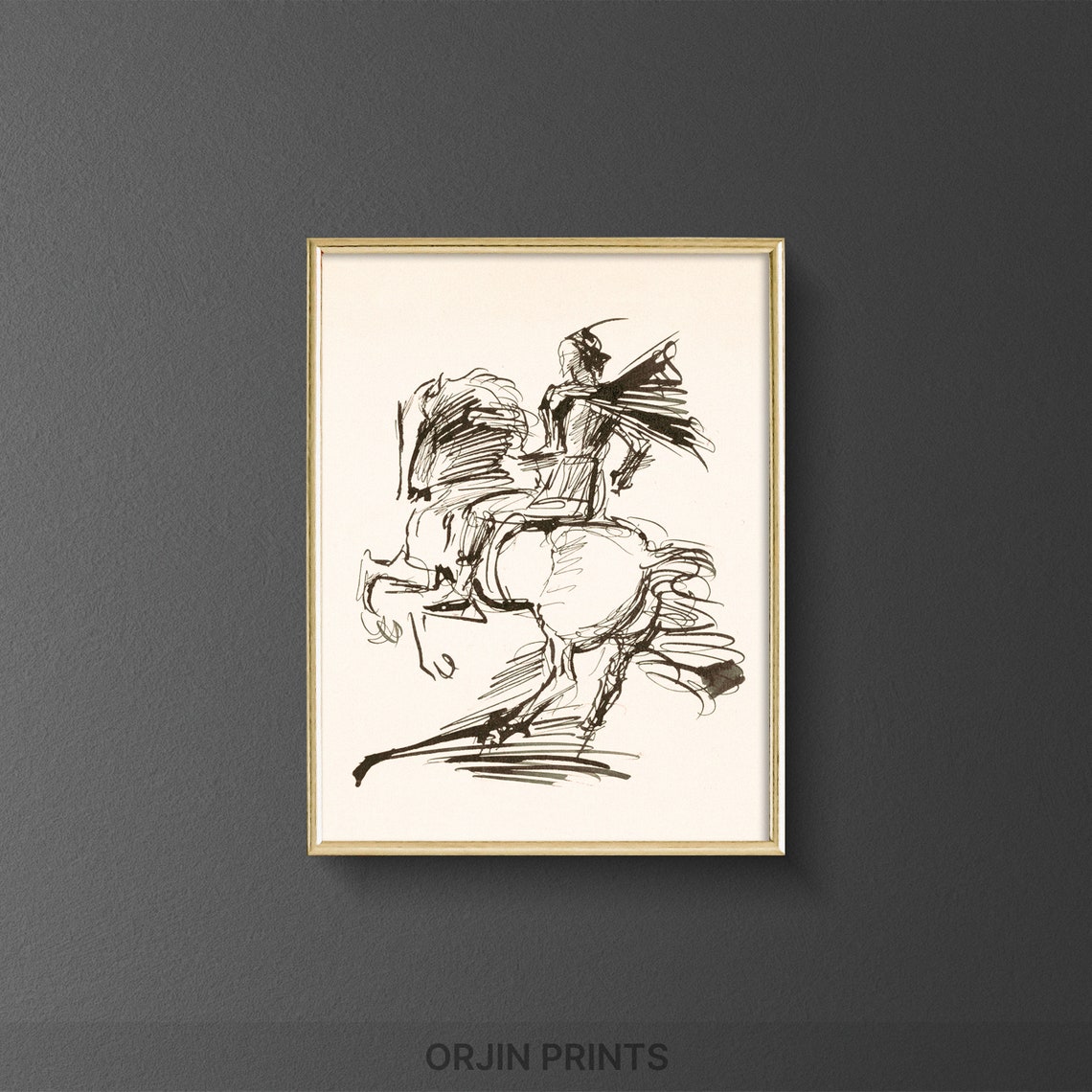 Dynamic Horseman Rearing Horse Flowing Cape Ink Sketch Art Poster