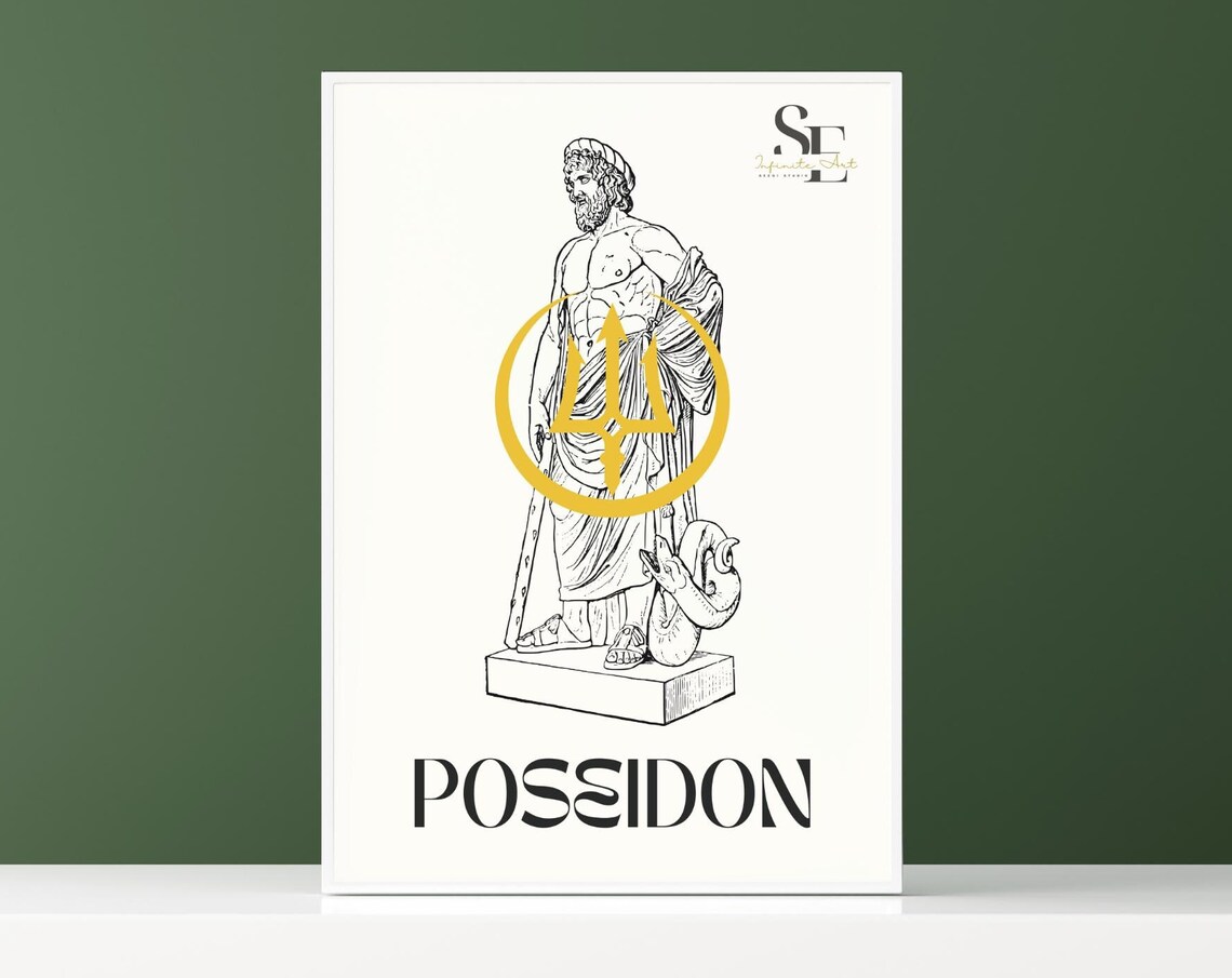 Poseidon Minimalist Greek God Gold Trident Statue Mythology Poster