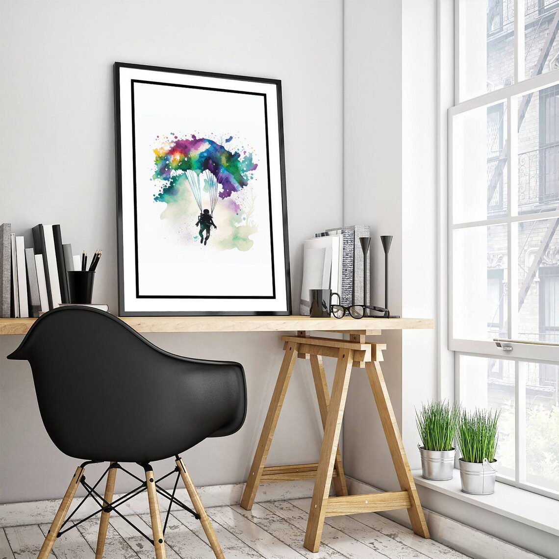 Skydiving Watercolor Poster Parachute Silhouette in Rainbow Splash - Image 2