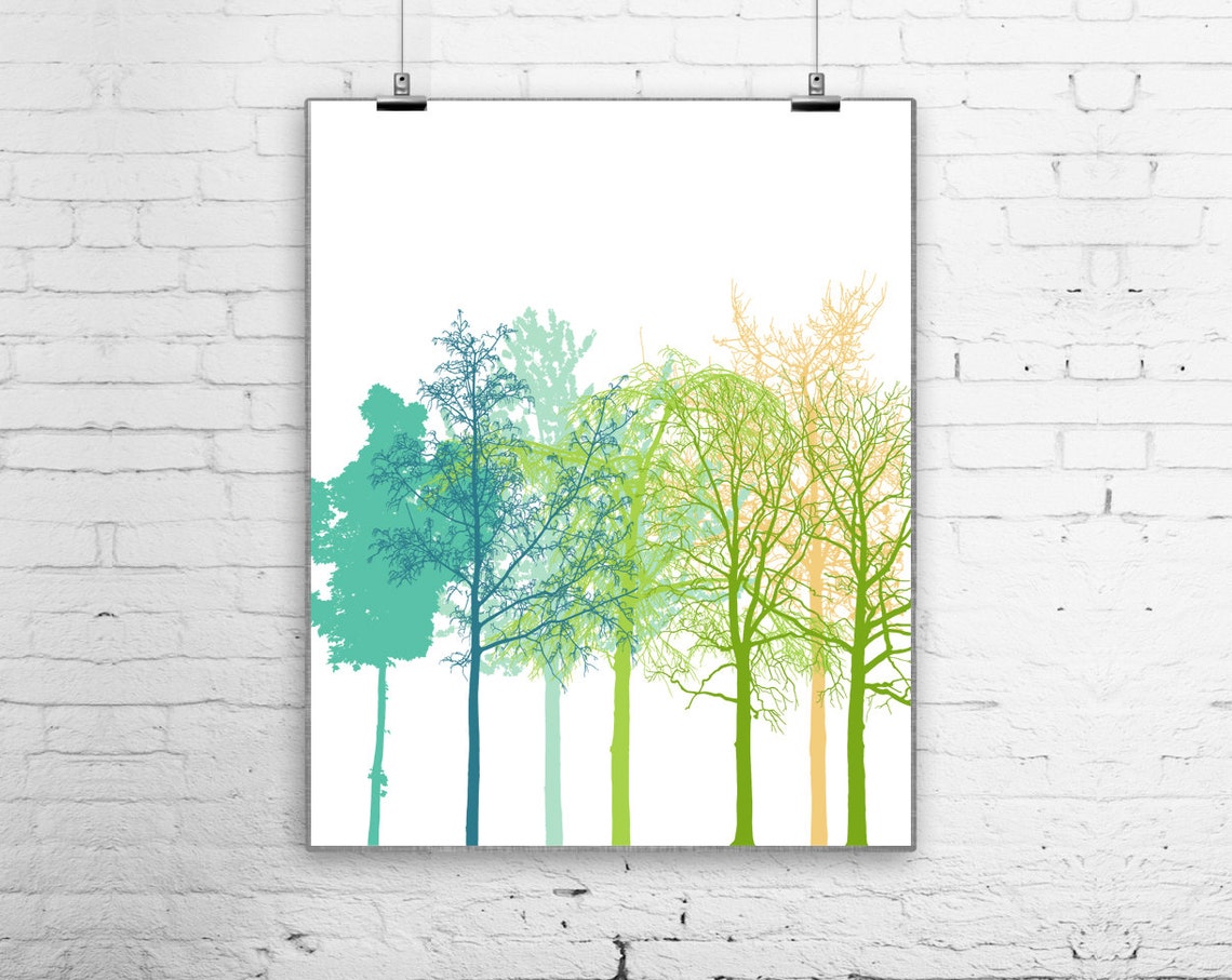 Colorful Trees Silhouette Modern Forest Green Teal Nature Poster - Image 2