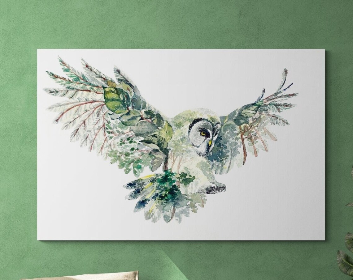 Owl Animal Art Print, Green and White Painting - Image 3