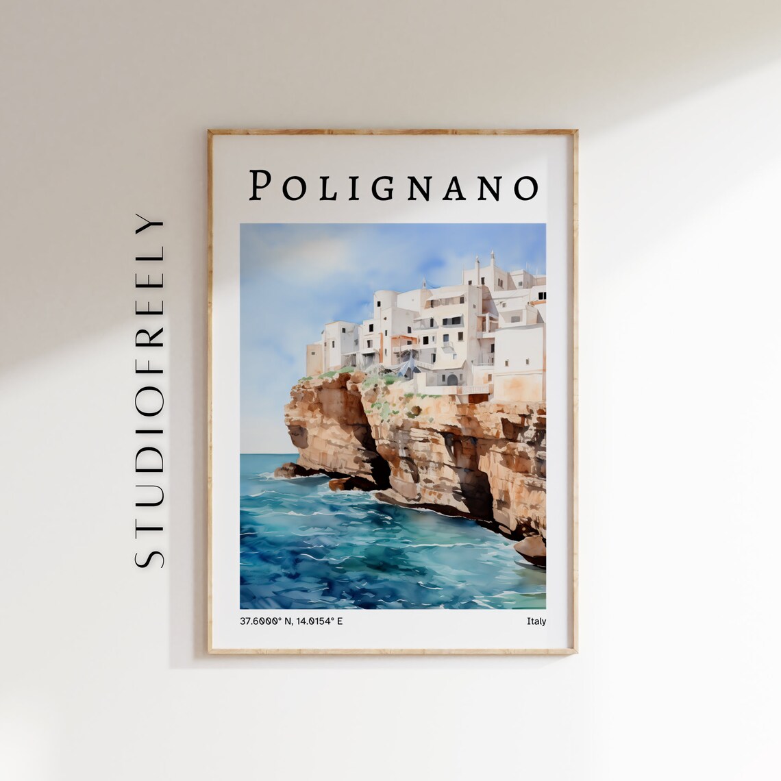 Polignano Italy Cliffside Seaside Town Watercolor Travel Poster