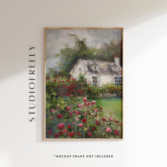 White Cottage Rose Garden Impressionist Floral Landscape Print
