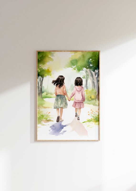 Sisters Holding Hands Sunny Park Watercolor Girls Walk Art Poster