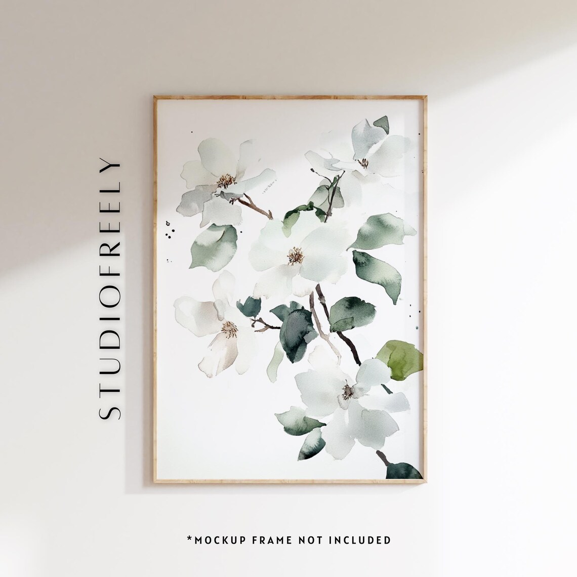 White Floral Watercolor Print Botanical Green Leaves Art