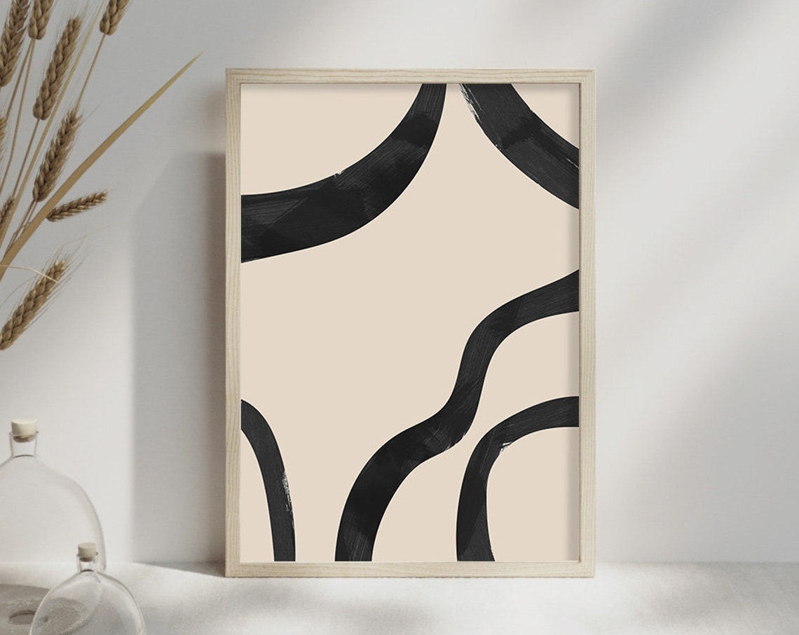 Bold Black Brushstroke Curves Beige Organic Minimalist Abstract Poster - Image 2