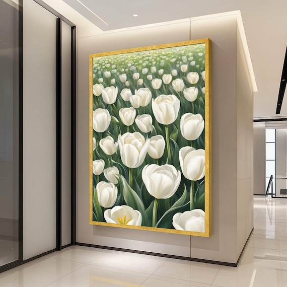 White Tulip Field Canvas Print Floral Wall Art Botanical Decoration Elegant Decor Ready To Hang Nature Artwork