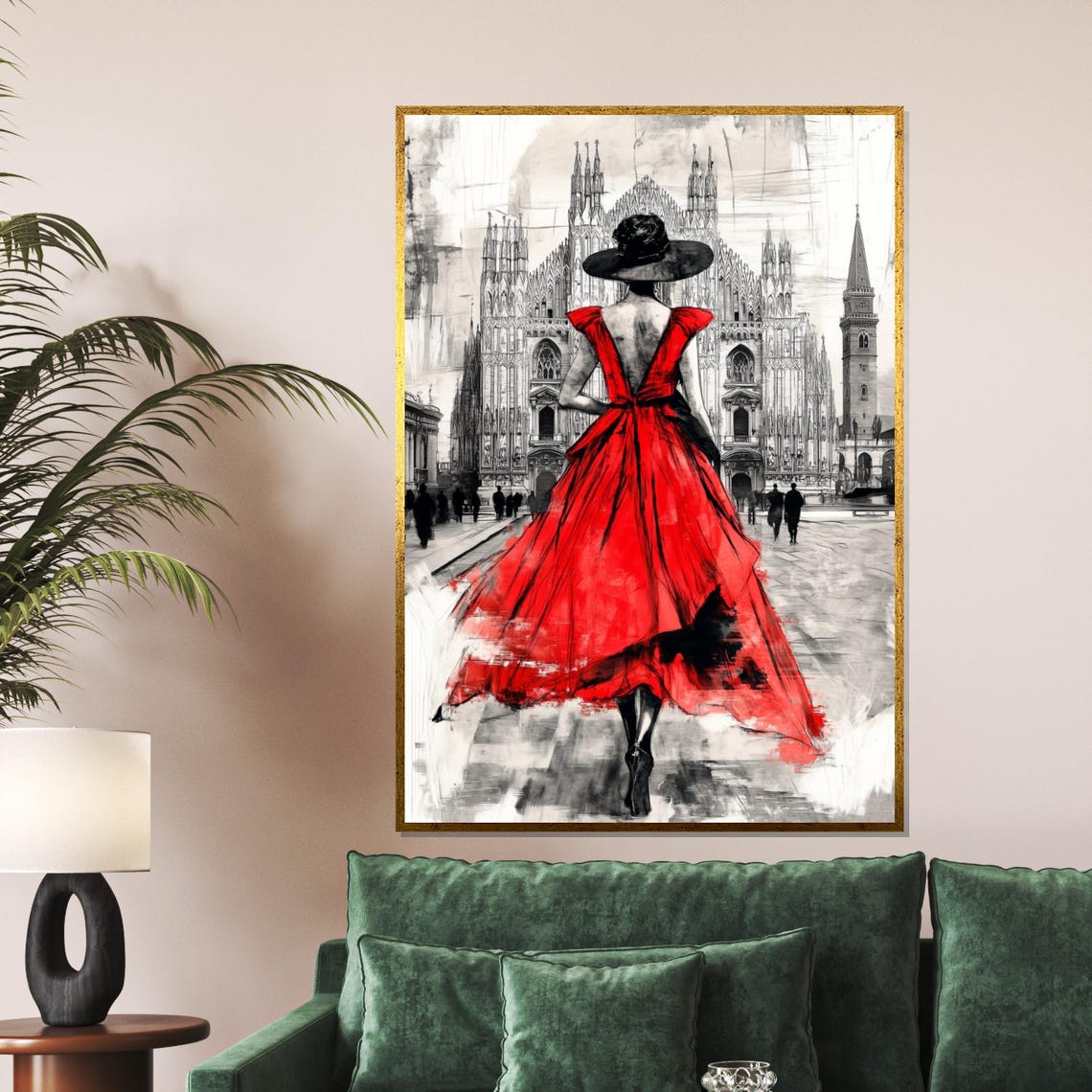 Elegant Red Dress Urban Fashion Art Lady In Red Wall Art Cityscape Poster Wall Art Design Ready To Hang Decoration - Image 5