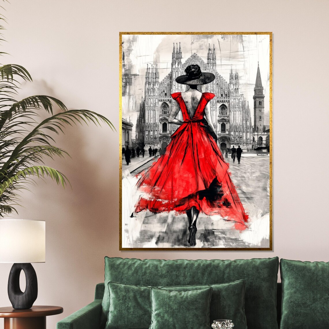 Lady In Red Dress Before Milan Cathedral Romantic Fashion Art Poster - Image 5