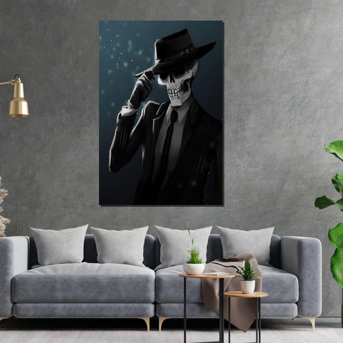 Mysterious Skeleton in Suit Tipping Fedora Night Scene Poster - Image 2