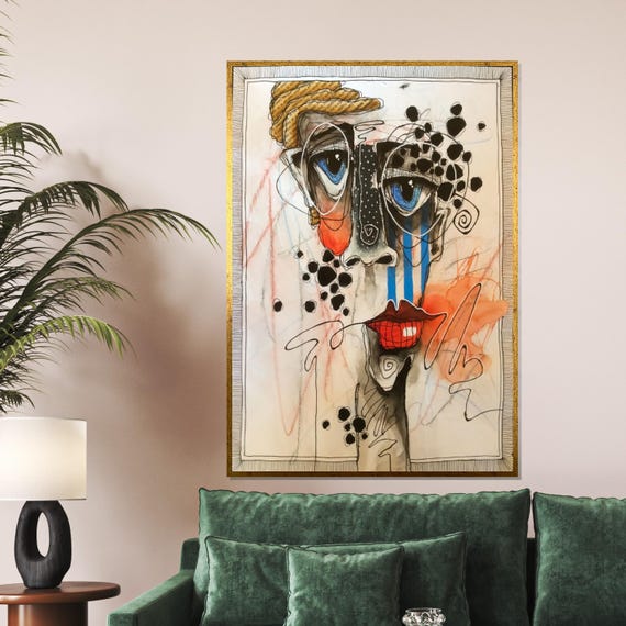 Whimsical Face Abstract Portrait Wall Art Surreal Expression Wall Print Bold Colors Art Design Framed Wall Dcor 140