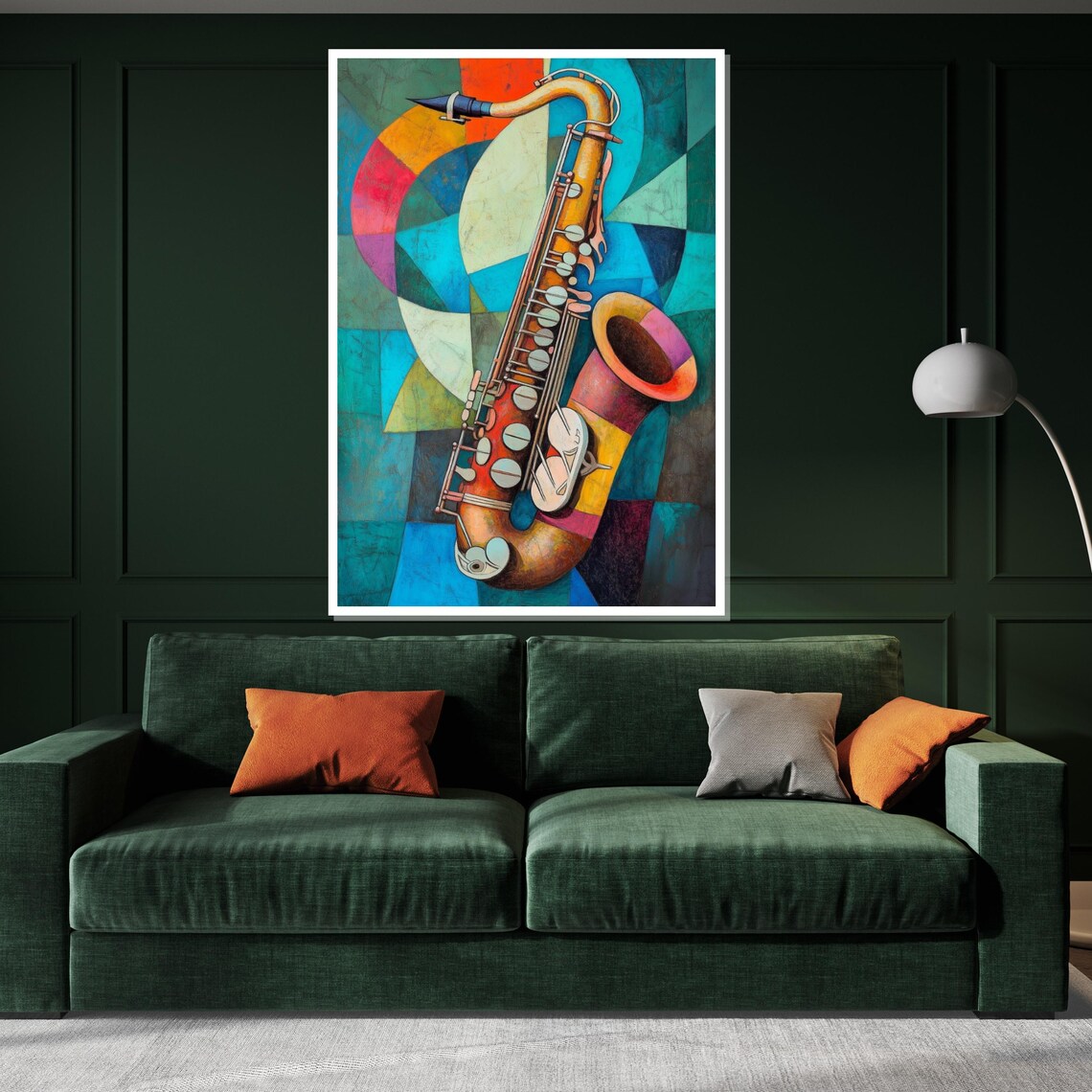 Colorful Cubist Saxophone Teal Gold Geometric Bold Modern Jazz Poster - Image 3