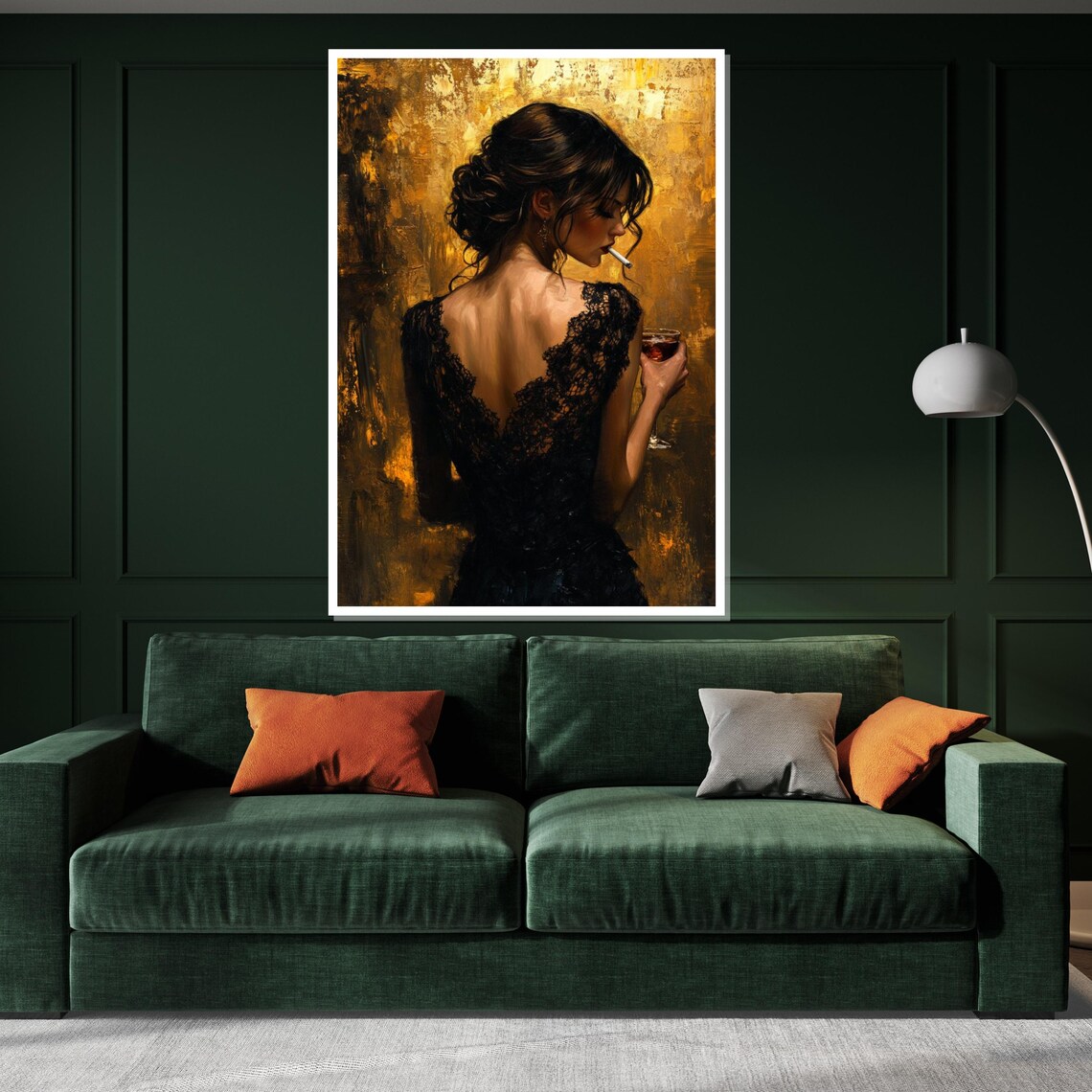 Elegant Woman In Black Lace Dress With Wine Golden Glamour Poster - Image 2