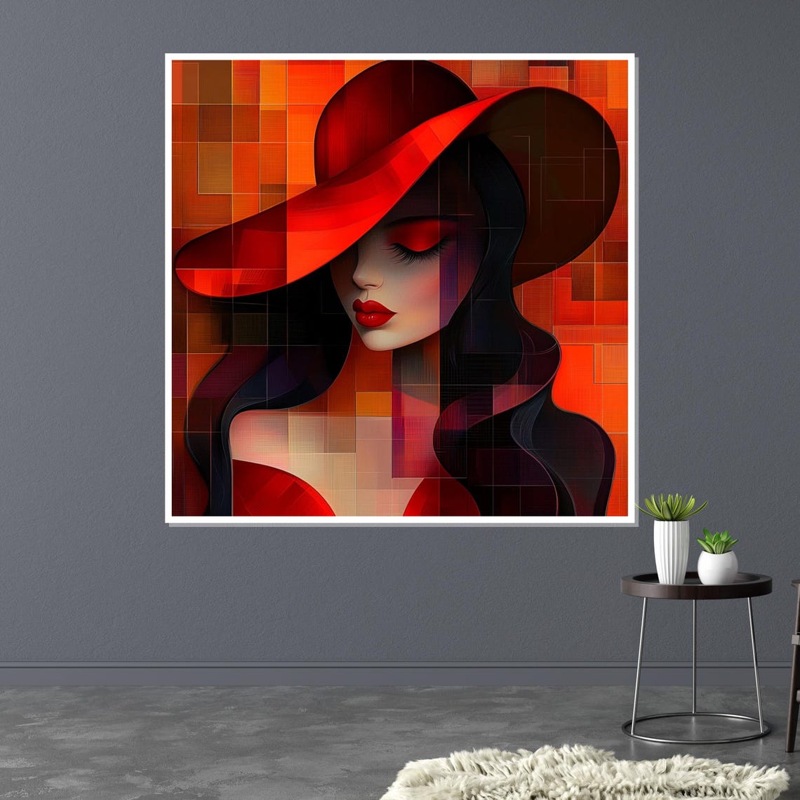 Woman In Red Hat On Fiery Mosaic Background Bold Abstract Poster - Image 3
