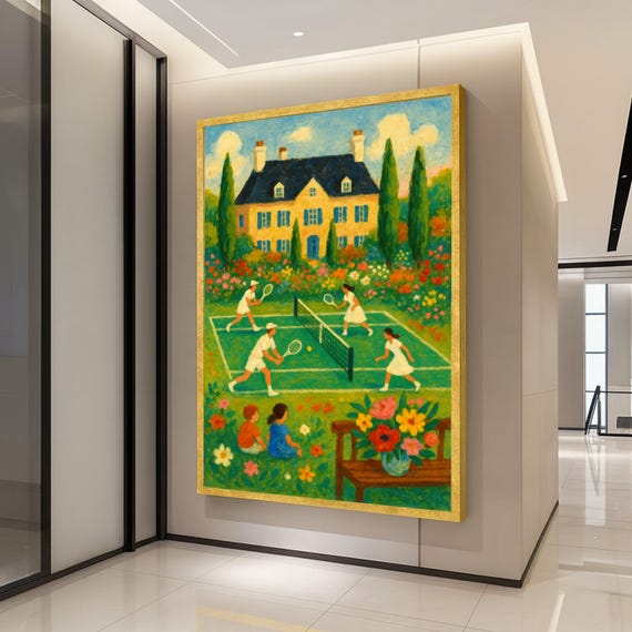 Vintage Garden Tennis Match Canvas Country House Wall Art Floral Landscape Painting Outdoor Sport Scene Cozy Home Decor Ready To Hang