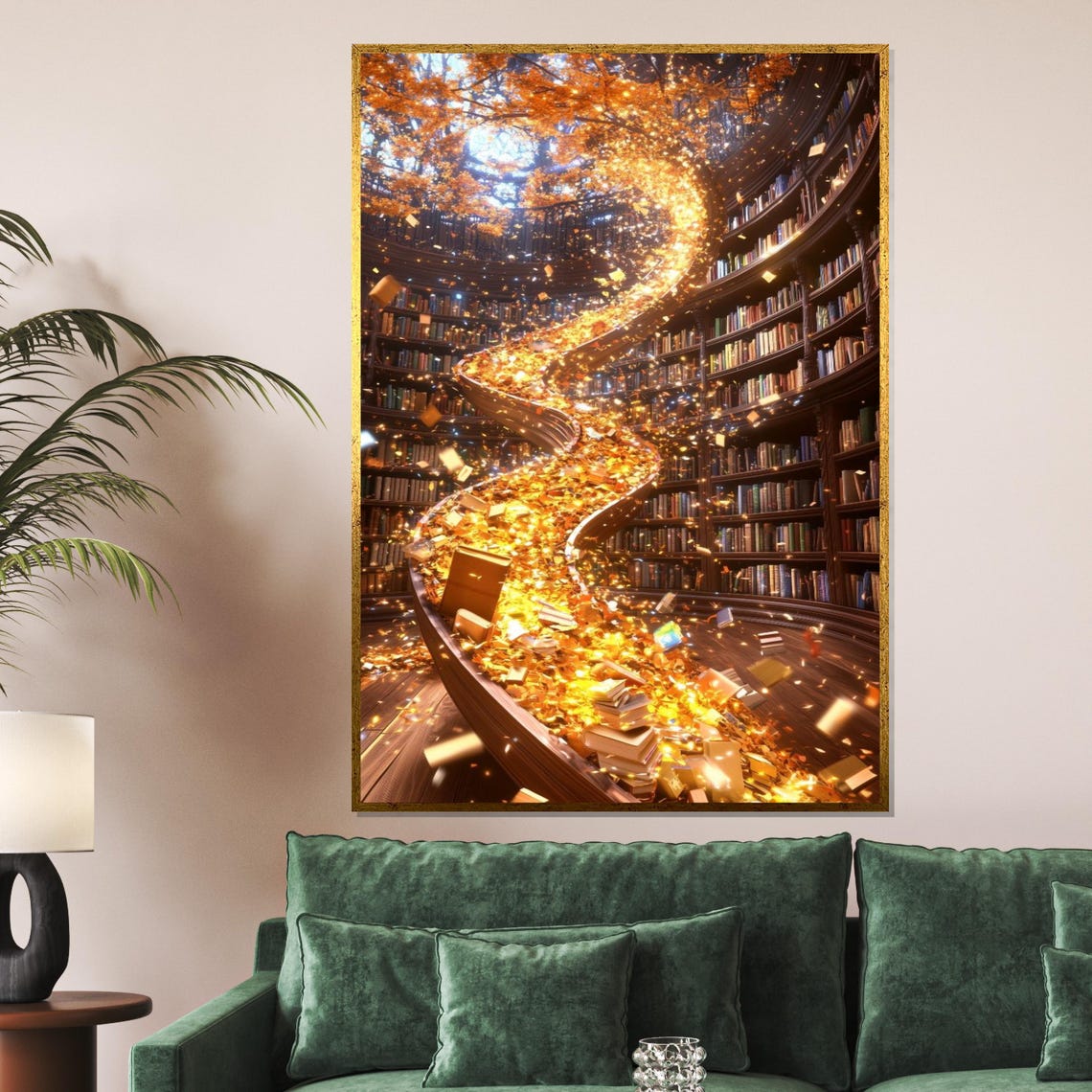 Enchanted Magical Library Swirling Golden Books Fantasy Wall Art