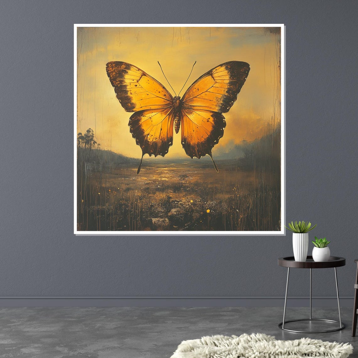 Golden Orange Butterfly Over A Sunset Landscape Nature Art Poster - Image 3