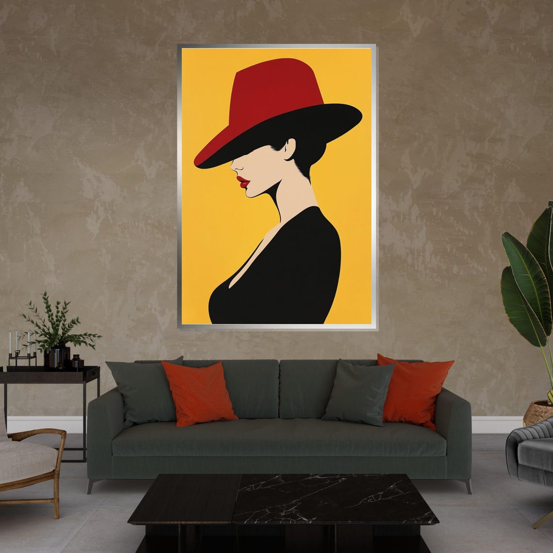 Minimalist Red Hat Lady Silhouette On Mustard Yellow Pop Art Poster - Image 3