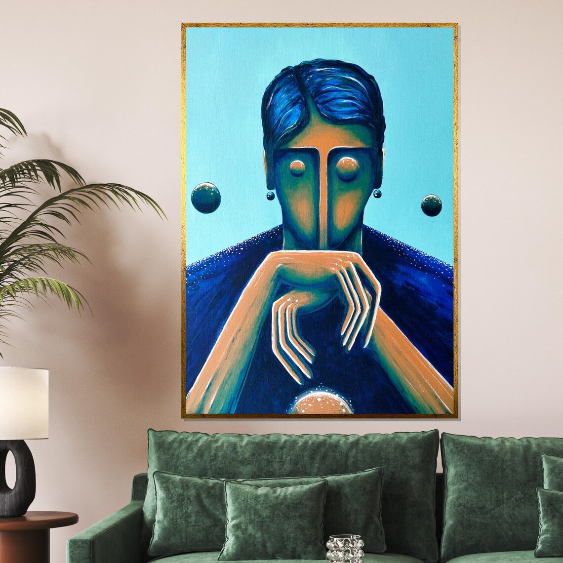 Surreal Blue Abstract Face Painting Modern Geometric Portrait Art Poster