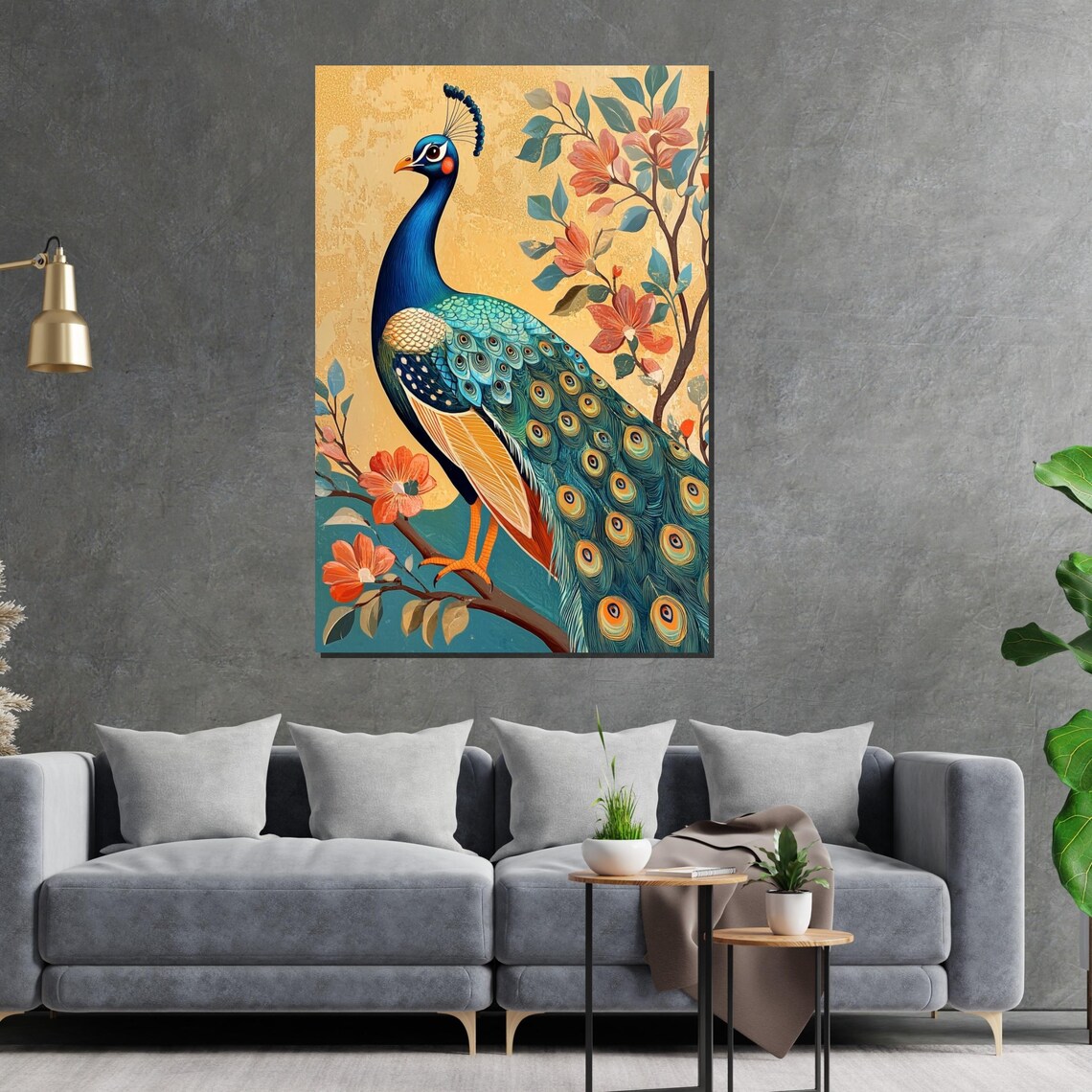 Peacock Golden Background Orange Blossoms Elegant Bird Art Poster - Image 2
