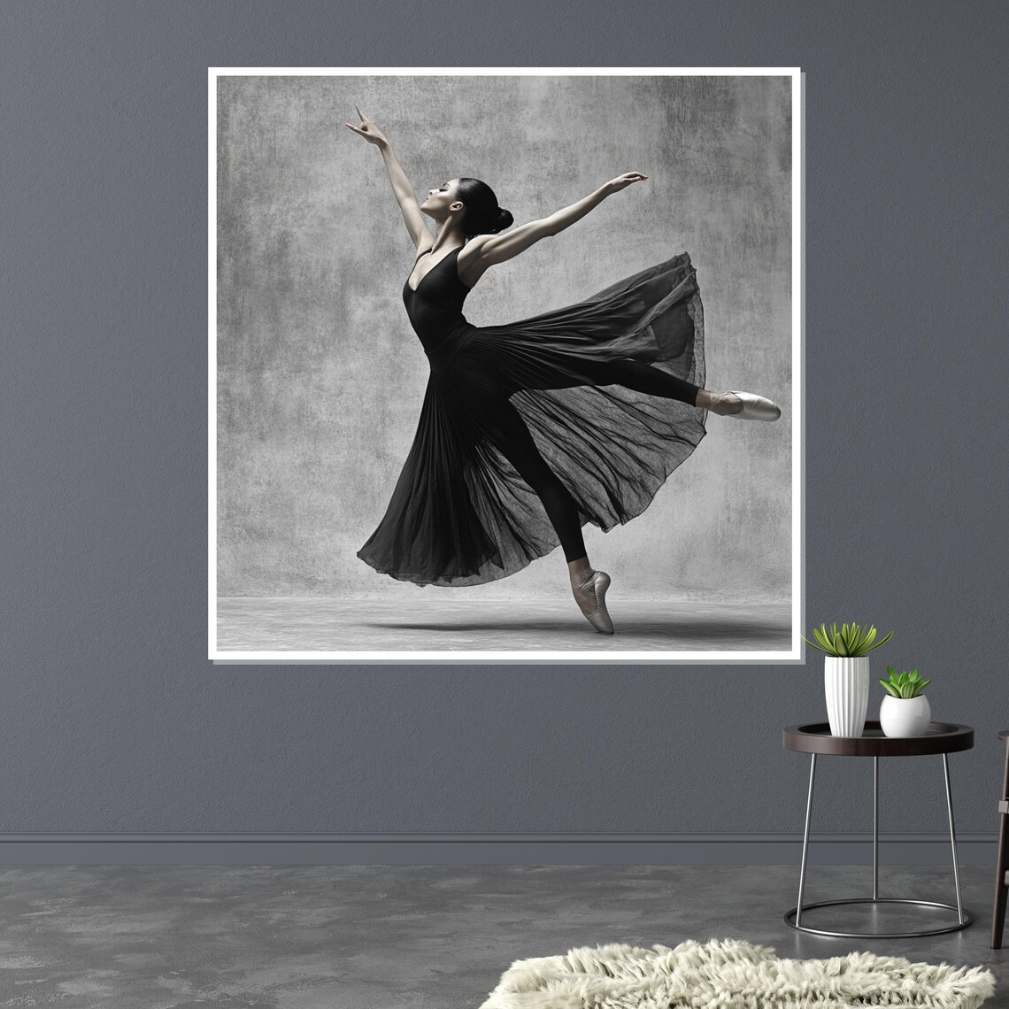 Ballerina in Black Dress Mid-Leap Elegant Monochrome Photo Poster - Image 3