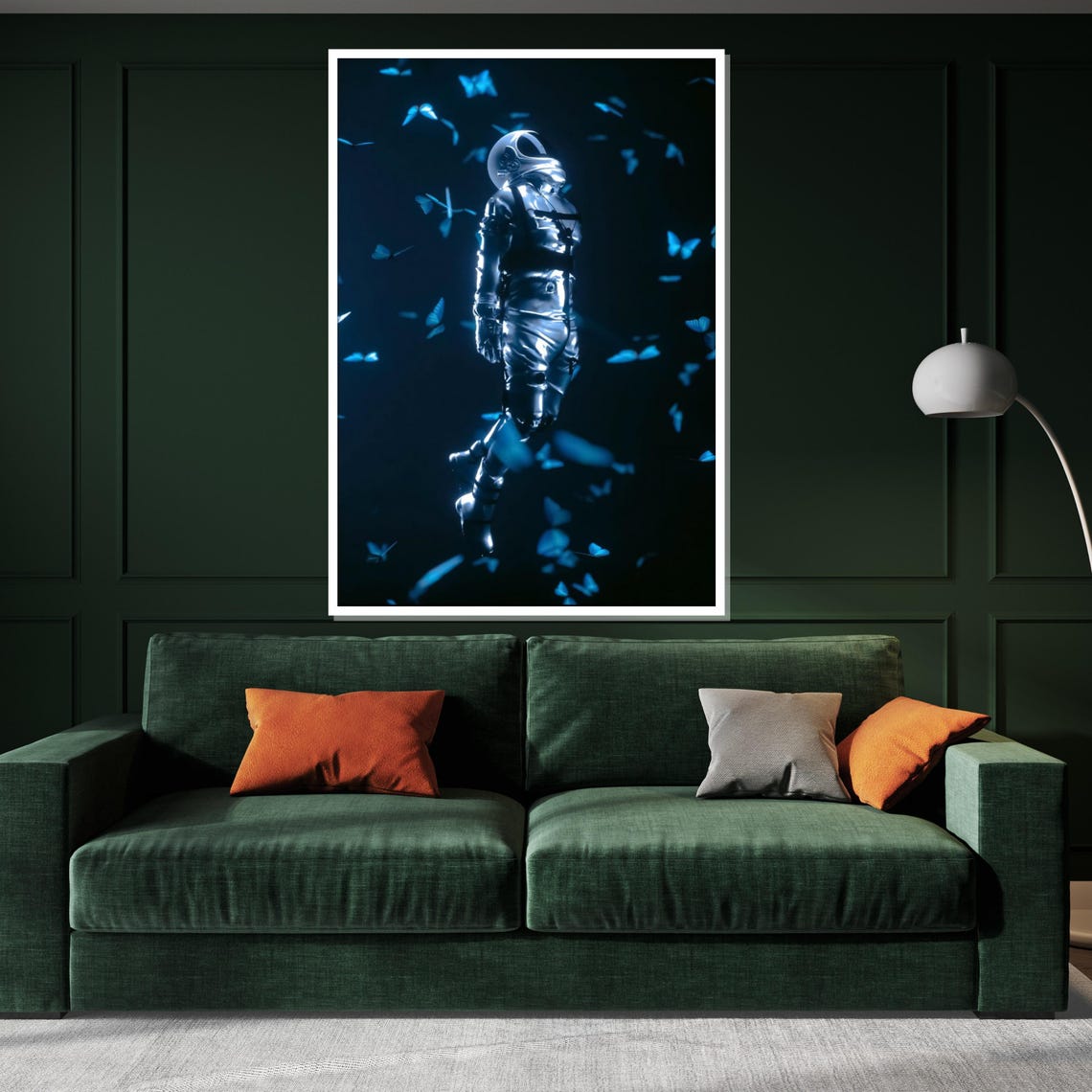 Silver Astronaut Floating Among Blue Butterflies Cosmic Dark Poster - Image 3