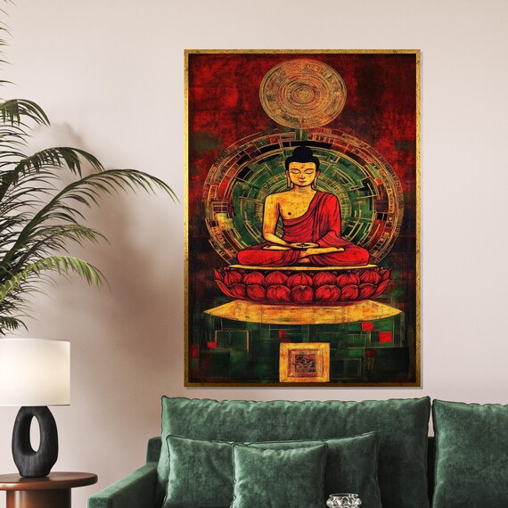 Buddha Red Robes Red Lotus Devotional Temple Sacred Art Poster
