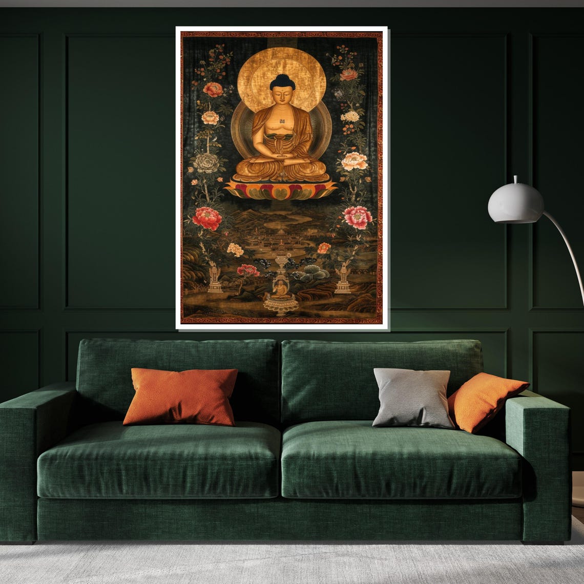Golden Seated Buddha Lotus Blossom Dark Botanical Asian Poster - Image 3