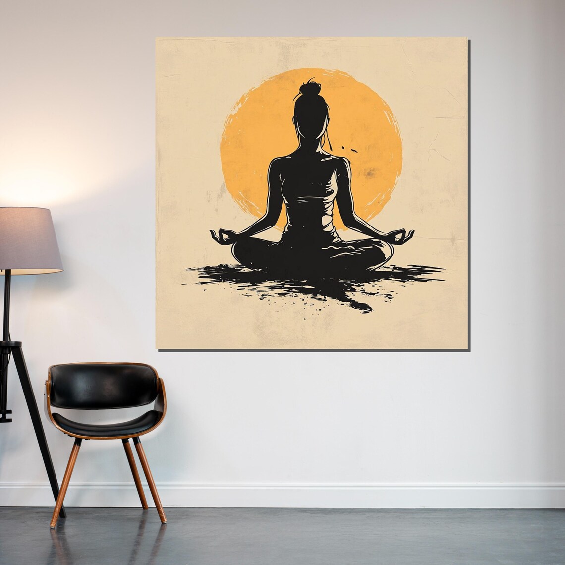 Meditating Woman Golden Sun Beige Minimalist Yoga Art Poster - Image 2