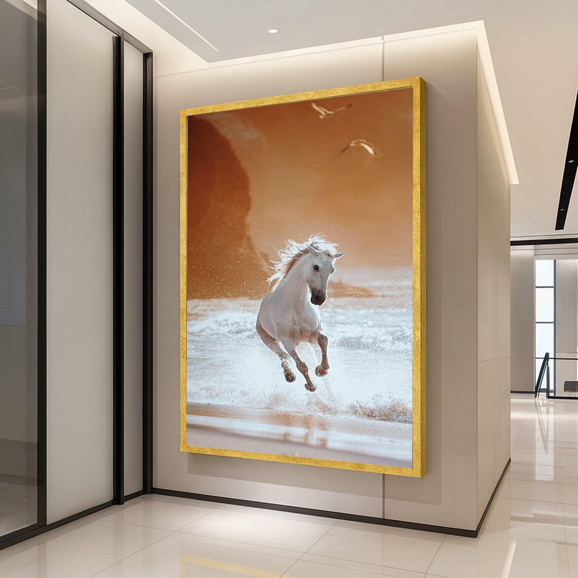 White Horse Running On Beach, Animal Wall Art Print