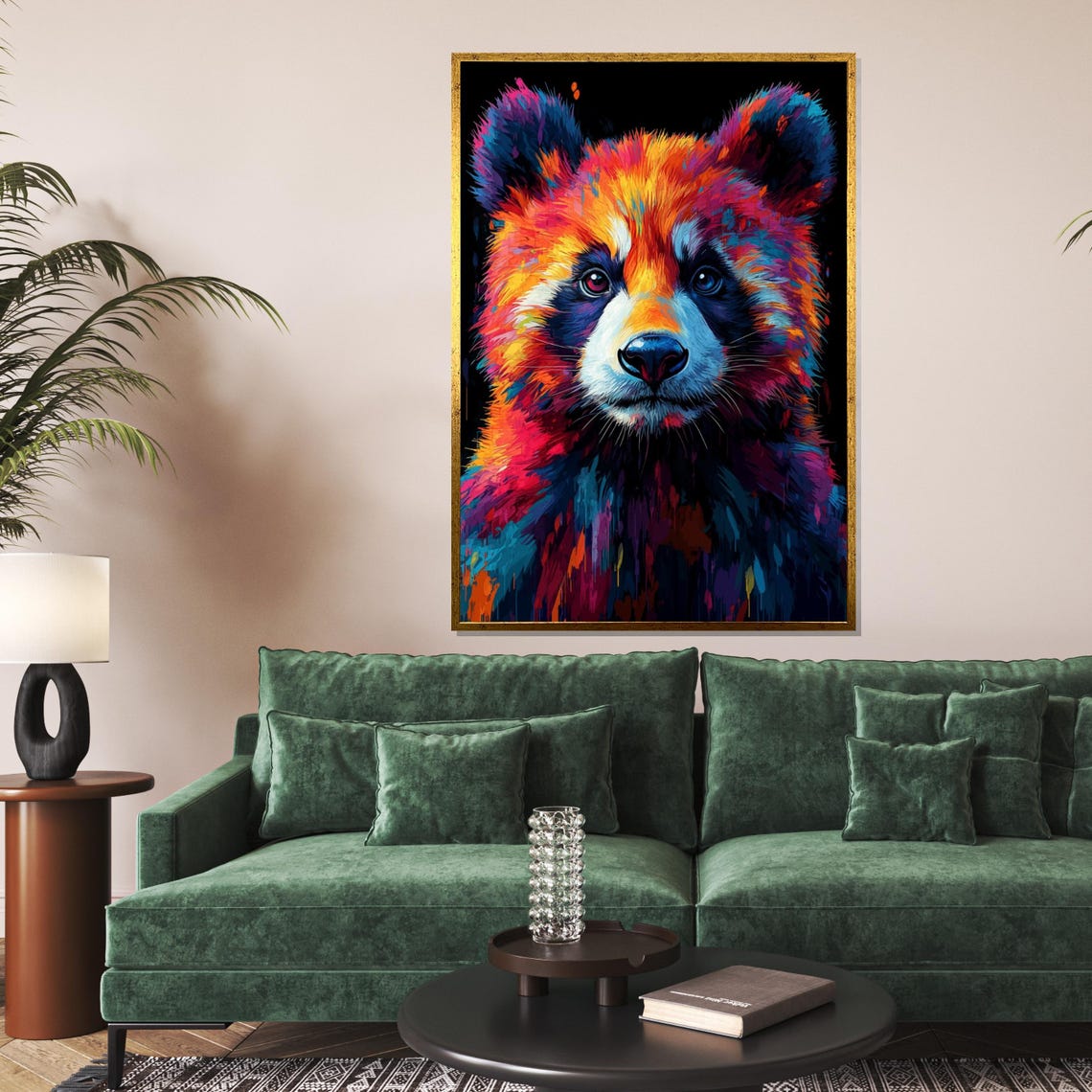 Colorful Panda Pop Art Neon Rainbow Portrait Black Background Print