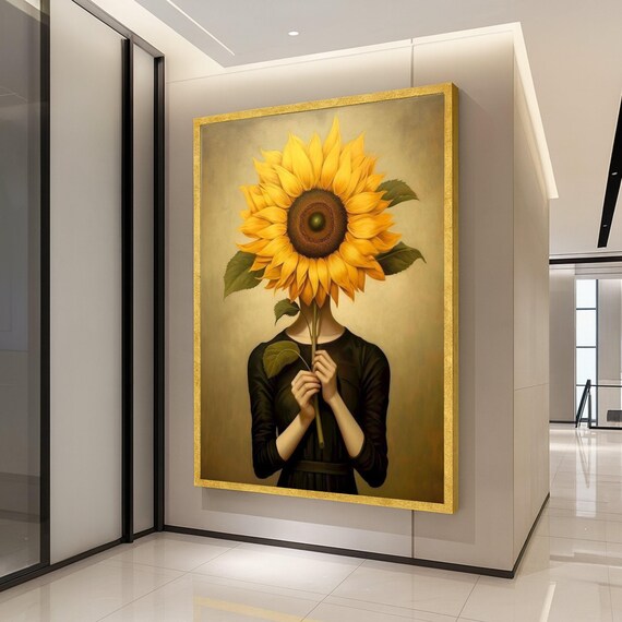 Surreal Sunflower Portrait Canvas Woman Holding Wall Art Modern Botanical Unique Home Decoration Ready To Hang