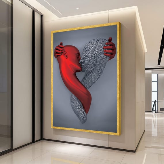 Abstract Embrace Canvas Wall Art Red And Silver Figures Modern Love Sculpture Contemporary Romantic Home Ready To Hang
